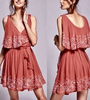 Free People SYLVIA Wrap Mini Dress Sz M Color Red Beaded Embroidered
